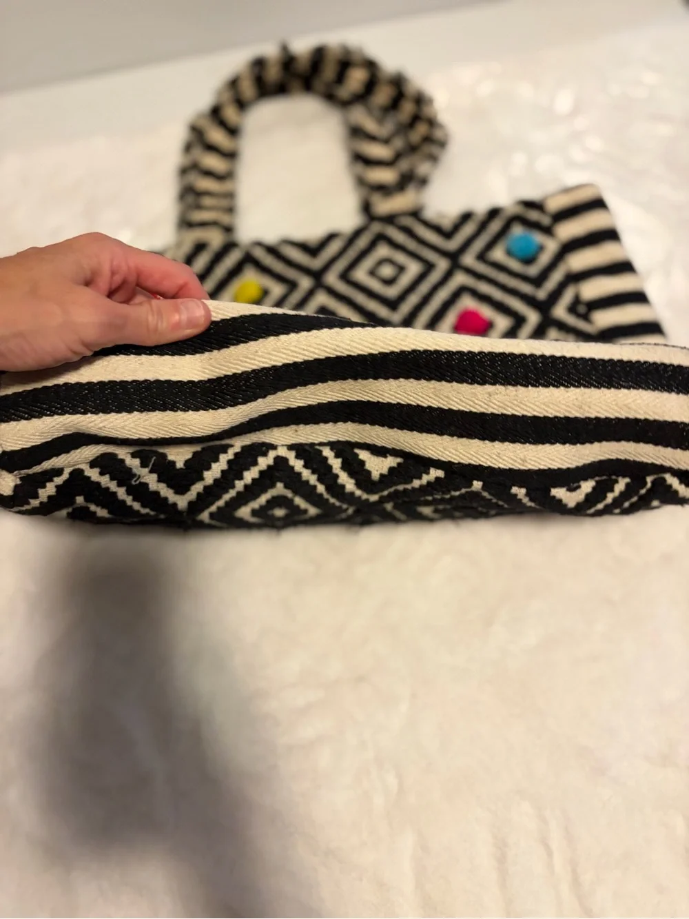 Women’s Black Cream Woven Geometric Tote Bag Colorful Tassel Boho